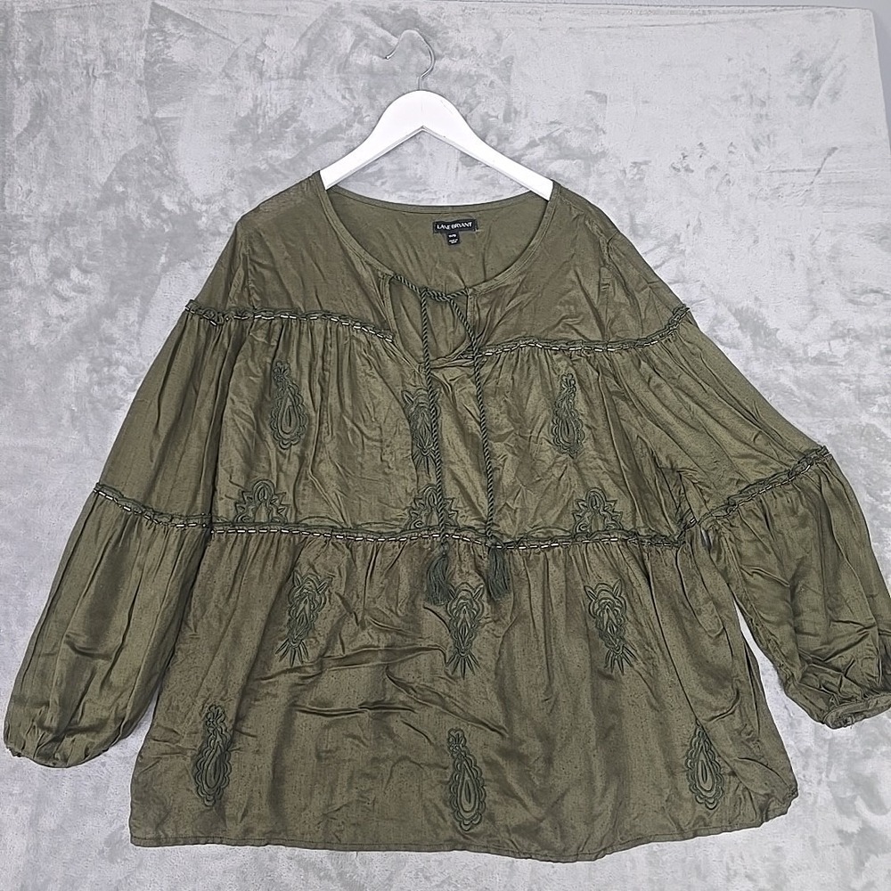 Lane Bryant Embroidered Peasant Blouse Top 14/16 Green‎ Boho Western Renaissance